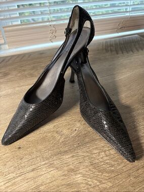 ELLEN TRACy Sequin Pointed Toe Slingback Heels - Black. WM’s sz 8.5M